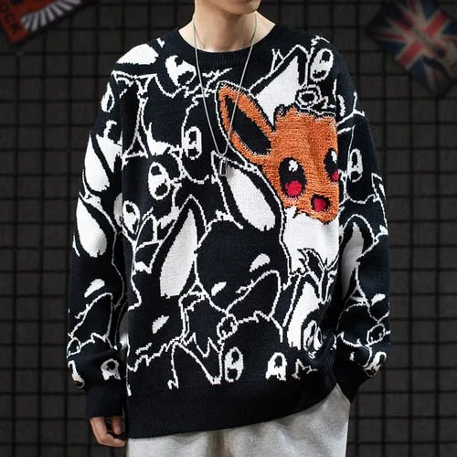 Japan Anime Eevee Sweater Cartoon Cute Men Fashion Round Collar Loose Knitwear Woolen
