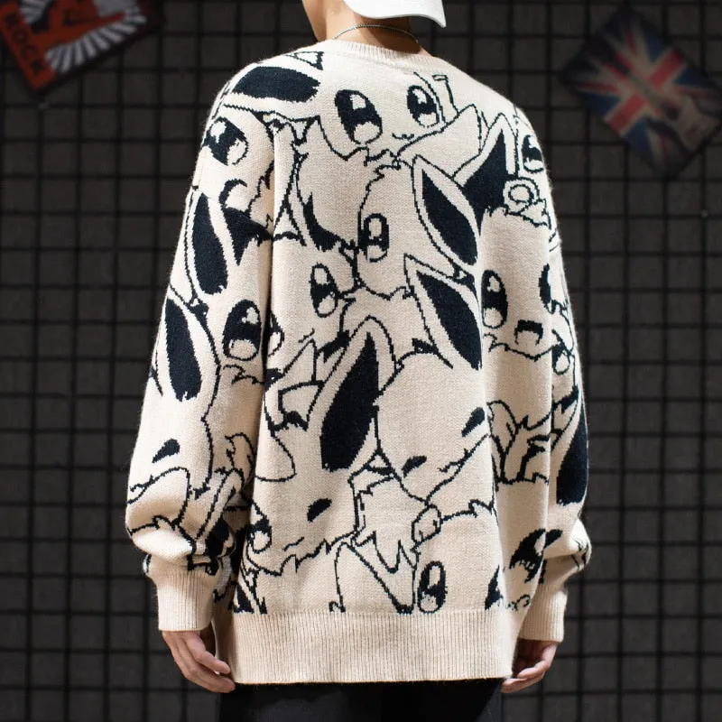 Japan Anime Eevee Sweater Cartoon Cute Men Fashion Round Collar Loose Knitwear Woolen