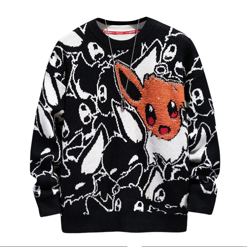 Japan Anime Eevee Sweater Cartoon Cute Men Fashion Round Collar Loose Knitwear Woolen