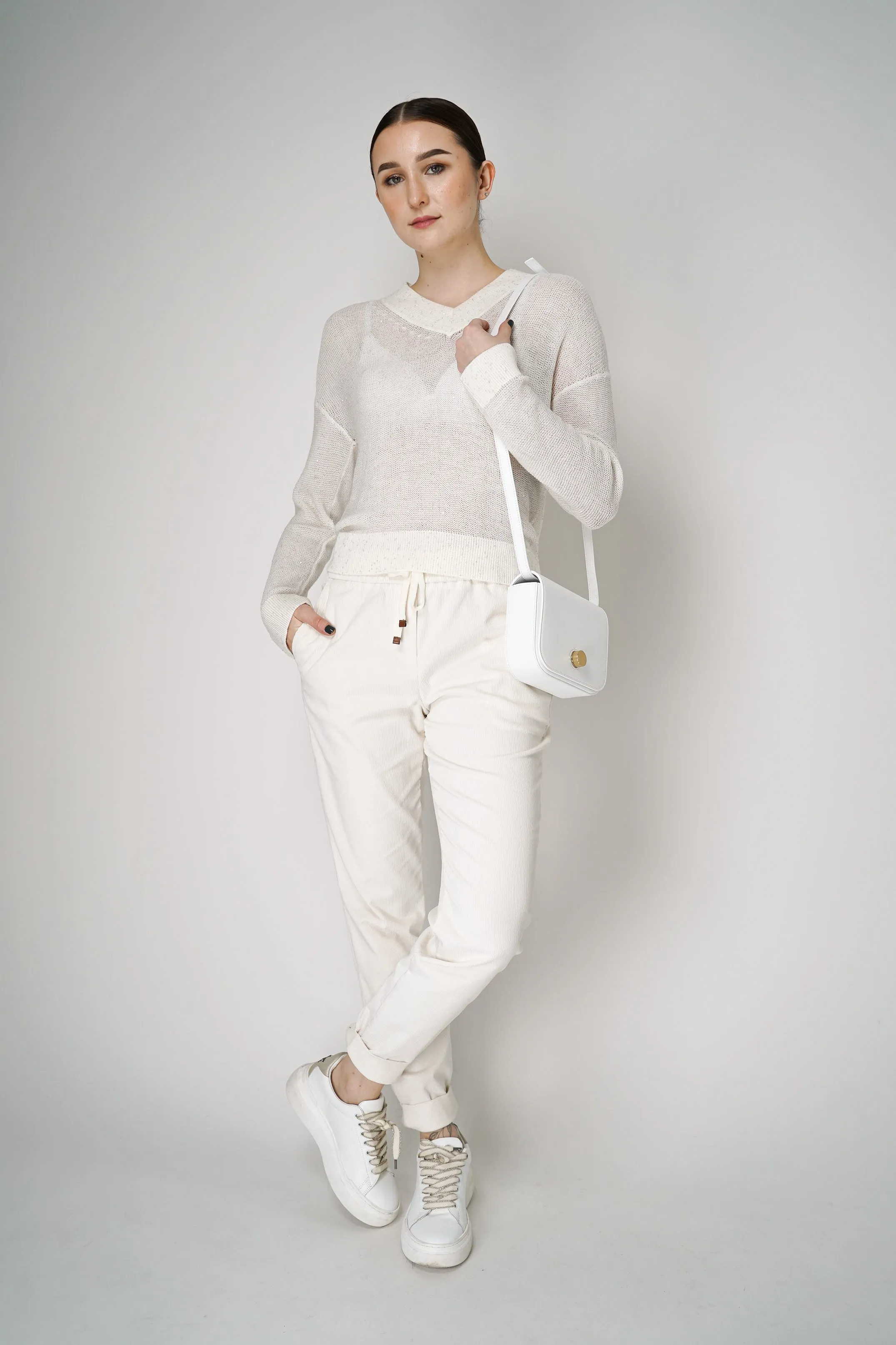 Lorena Antoniazzi Sequined Knitted Pullover in Off-White