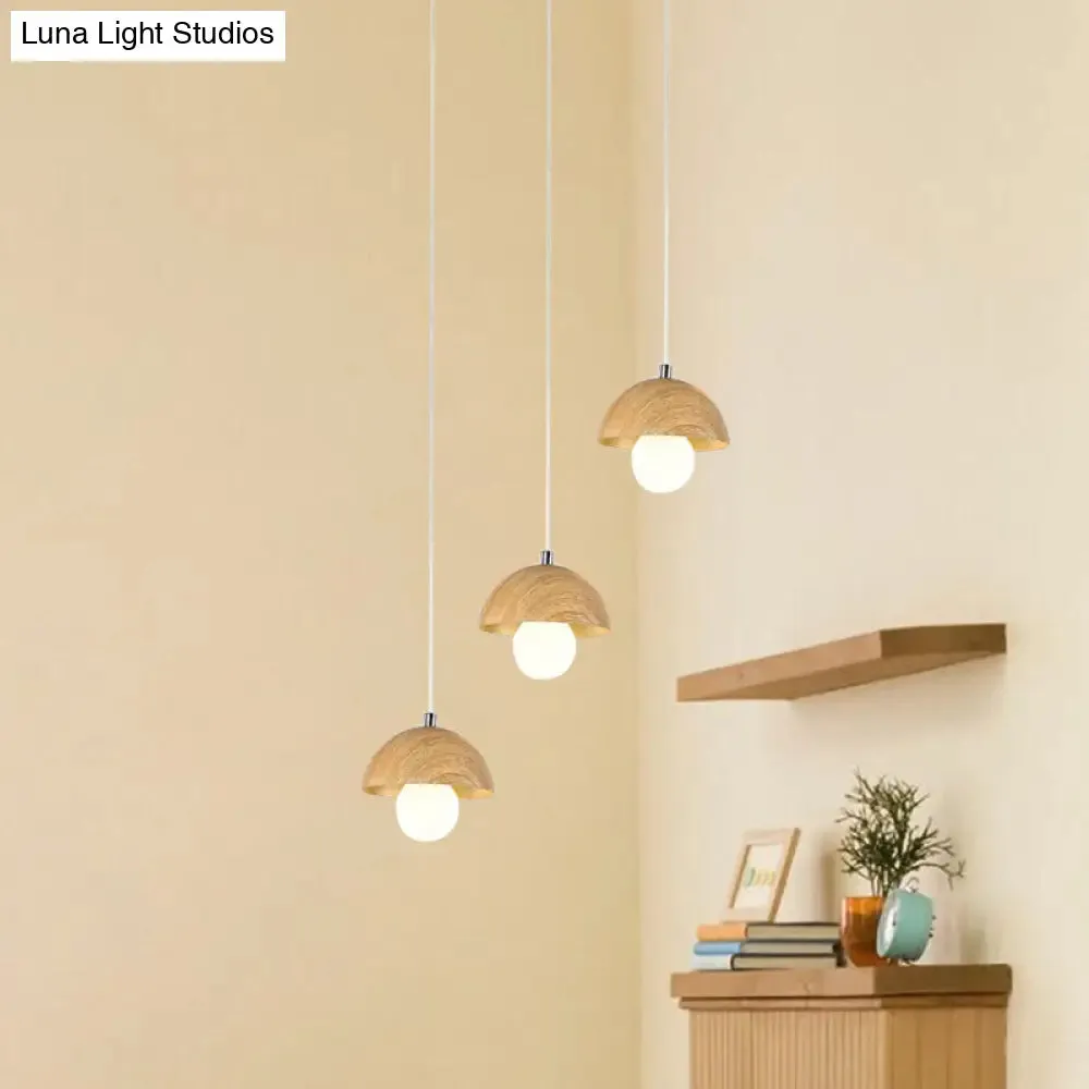 Modern Wood Dome Pendant Chandelier with 3 Beige Bulbs - Stylish Hanging Ceiling Lamp