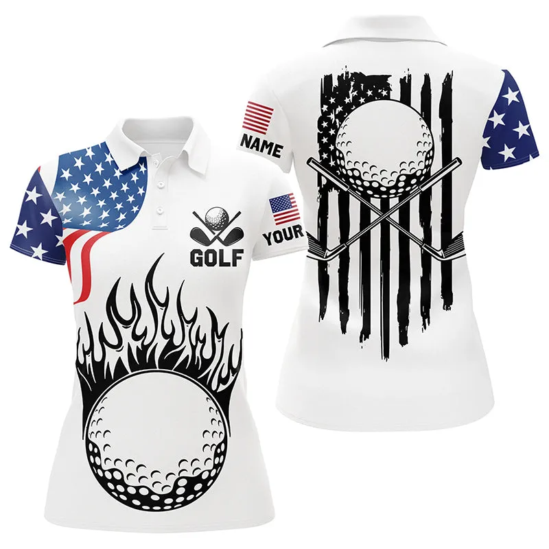 Women Sleeveless Golf Polo Shirt Custom American Flag Golf Ball Fire Patriot Golf Tops, Golf Attire